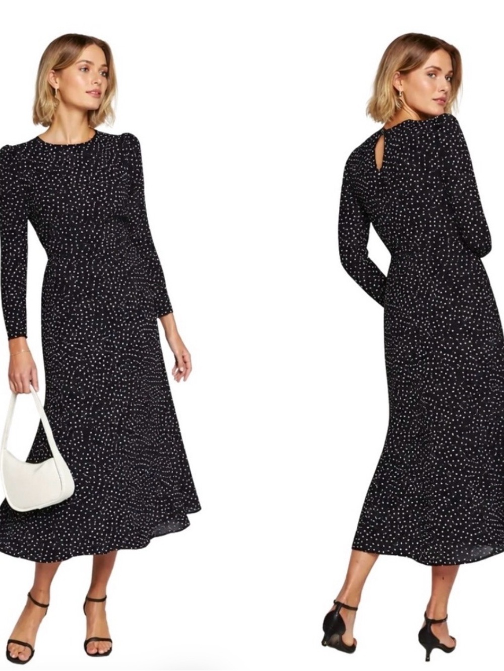 Reformation Dress Womens Size 2 Black White Lysander Polka Dot Midi Long Sleeve